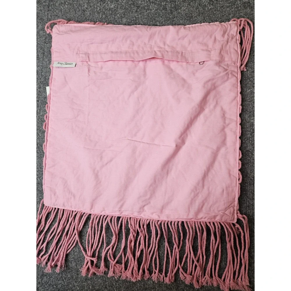 NWT Macrame Decorative Pillow Cover Pink Boho Fringe 15x15 Handmade Earthy India